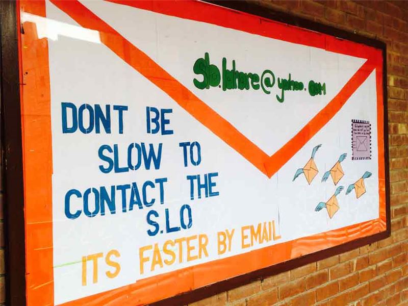 SLO in Lahore advertising the SLO E-mail Address to encourage students to use it.